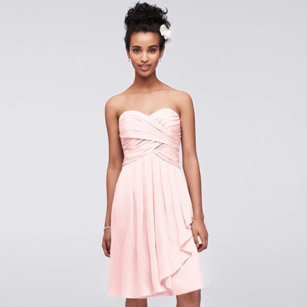 David’s Bridal Pink Chiffon Strapless Bridesmaid Dress